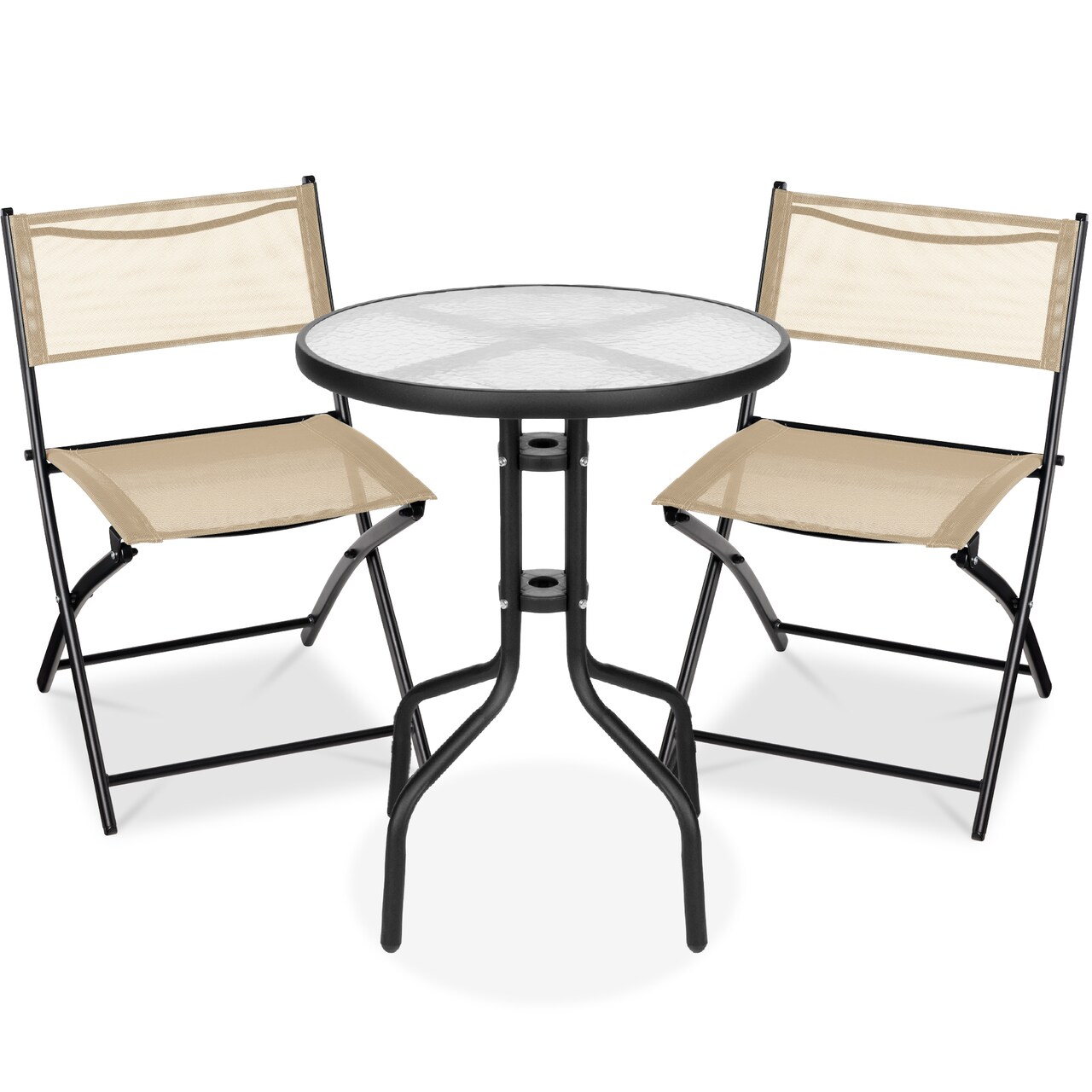 Best Choice Products 3-Piece Patio Bistro Dining Furniture Set w/ Round Textured Glass Tabletop, Folding Chairs